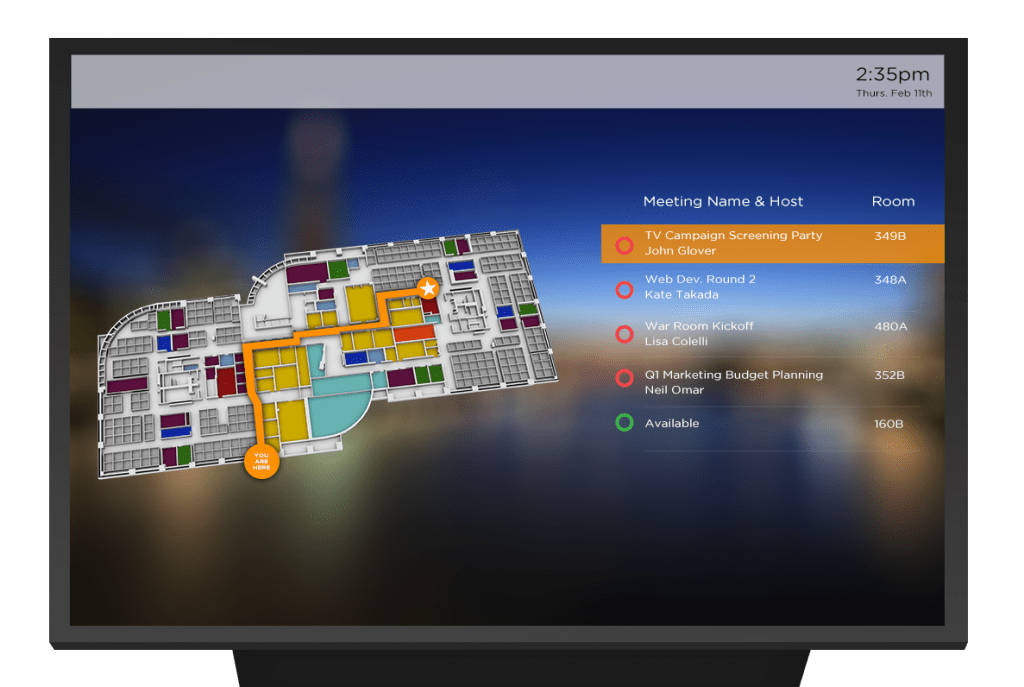 TV with a colored wayfinding map and upcoming meetings