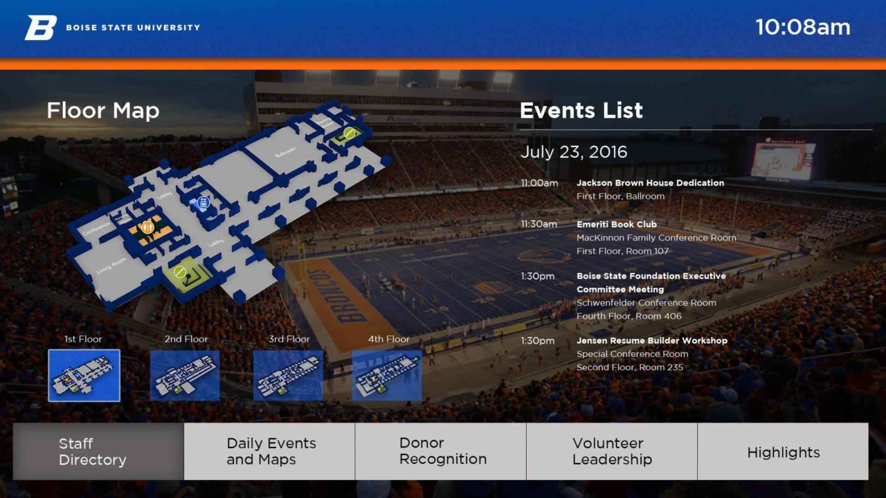A 3D floor plan with an upcoming events list on the right and various options for other floor maps to choose