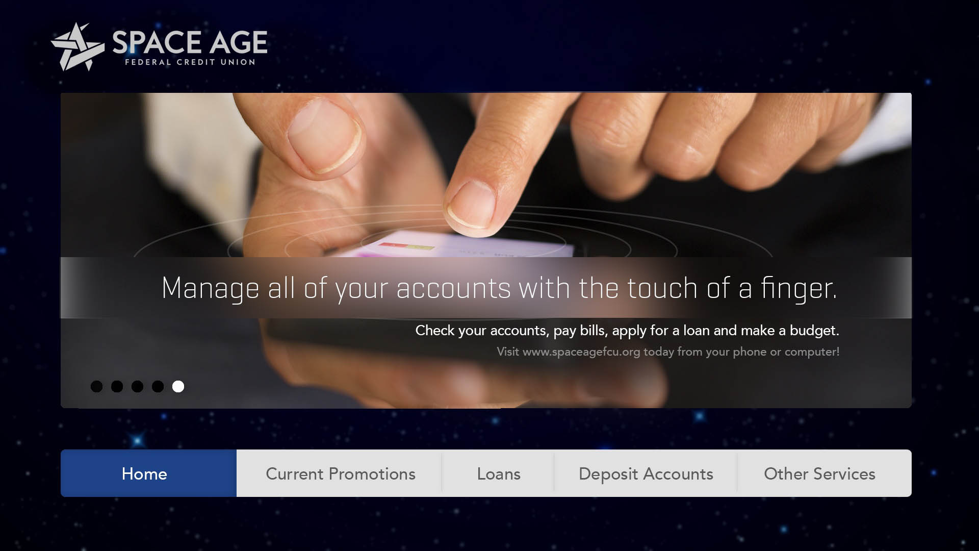 Screenshot of a welcome dashboard with text saying "Manage all of your accounts with the touch of a finger"