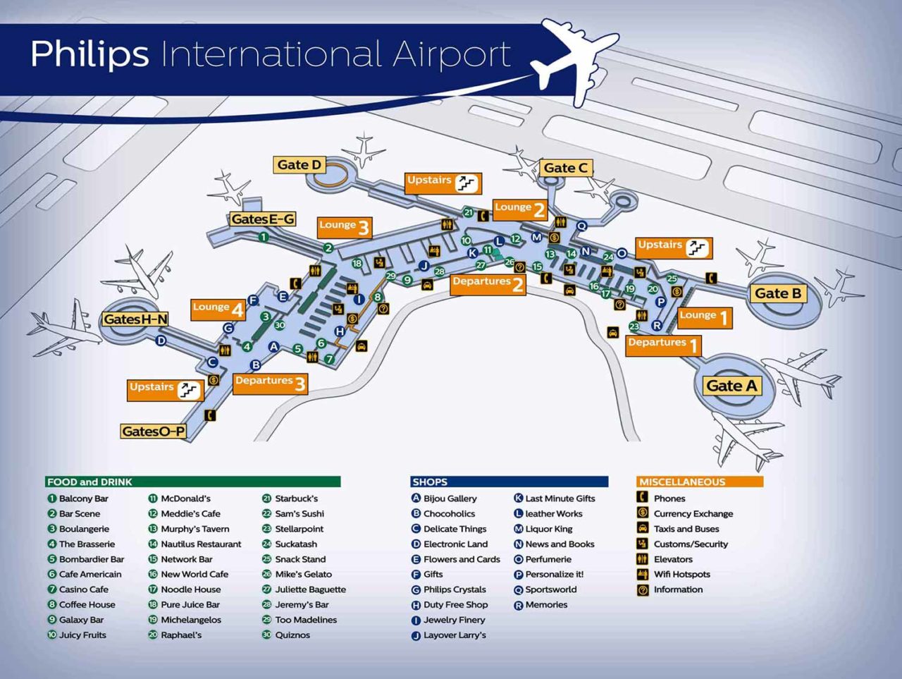 Airport floor map with a legend of shops & rooms
