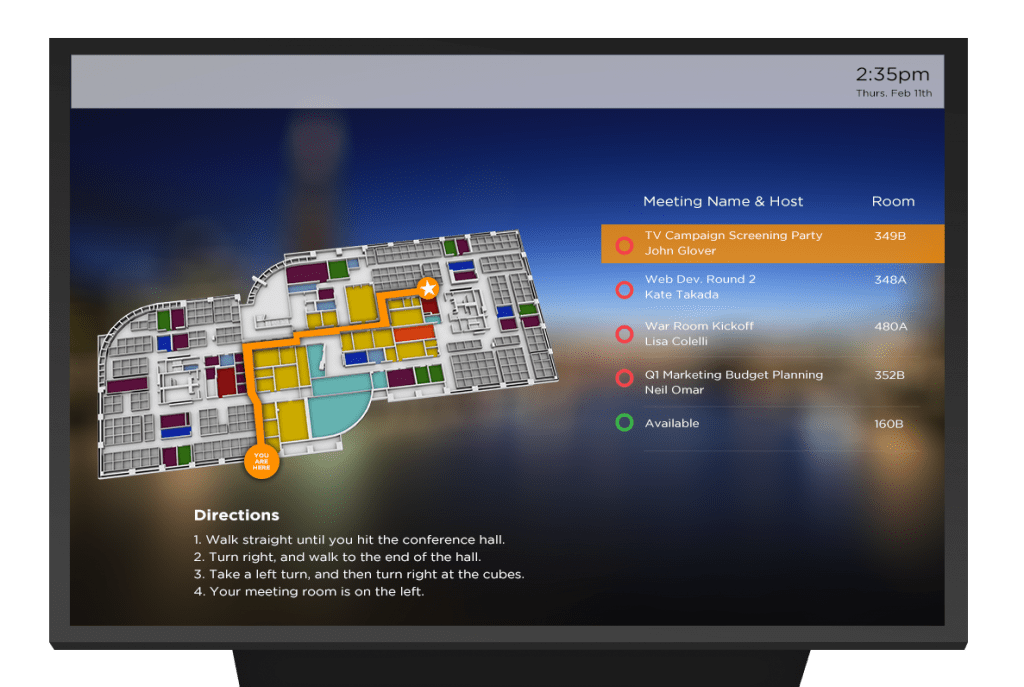 a digital TV showing a colored wayfinding map with an animated guidance line and list of other upcoming meetings
