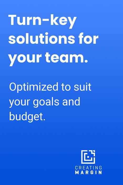 Blue image with text that says "Turn-key digital signage solutions for your team. Optimized to suit your goals and budget."