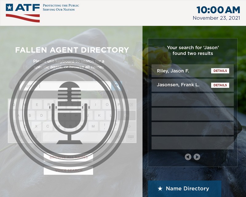 An image of the Fallen Agents Kiosk showing a voice activated search function.